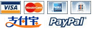支持Visa卡/Master卡/美国运通AE卡/JCB卡/alipay/paypal/支付宝/淘宝支付